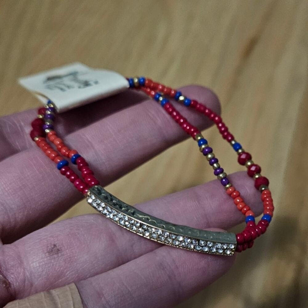 Dorothy Layered Beaded Bracelet w/ Rhinestone Inlaid Curved Tube Accent